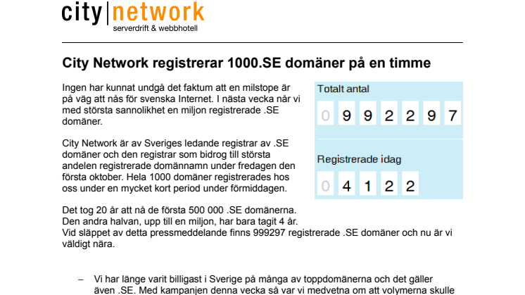 City Network registrerar 1000.SE domäner på en timme