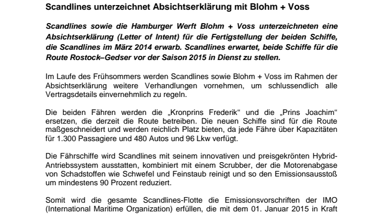 Scandlines unterzeichnet Absichtserklärung mit Blohm + Voss