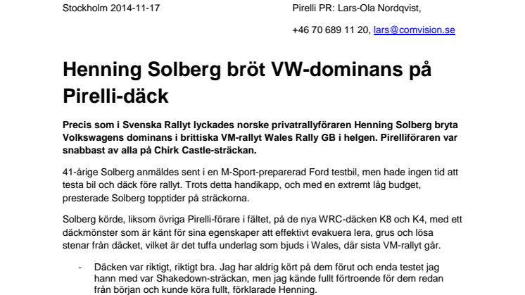 Henning Solberg bröt VW-dominans på Pirelli-däck