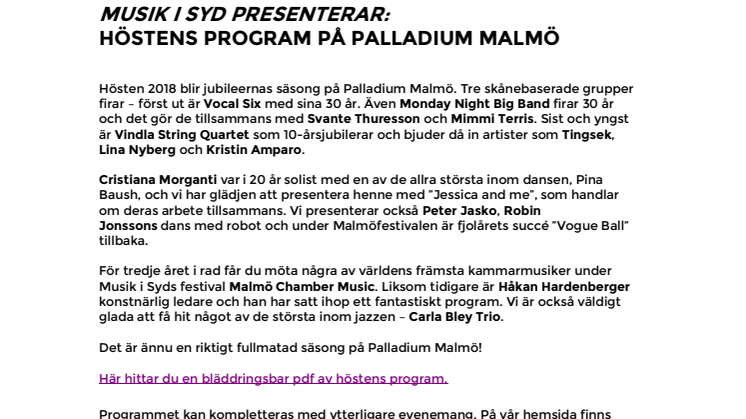 Musik i Syd presenterar: Höstens program på Palladium Malmö