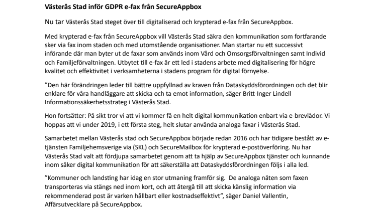 Västerås Stad inför GDPR e-fax från SecureAppbox