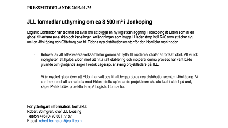JLL förmedlar uthyrning om ca 8 500 m² i Jönköping