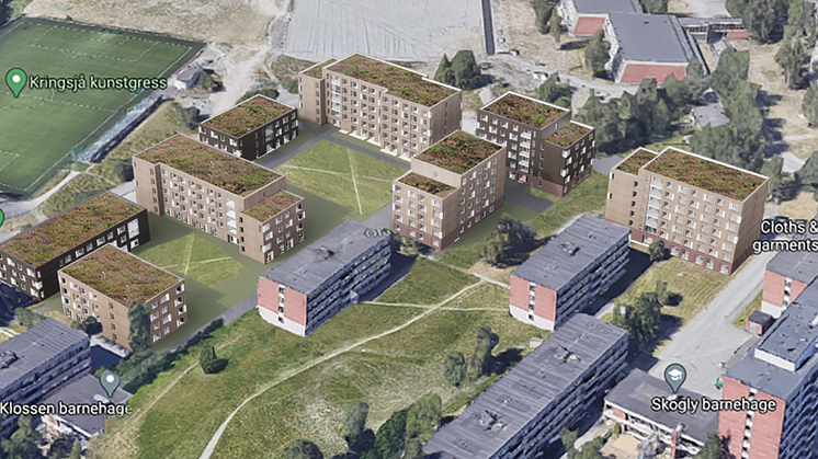 Perspektivillustrasjon av det tredje byggetrinn på Kringsjå. Tegnet av LMR Arkitektur AS.