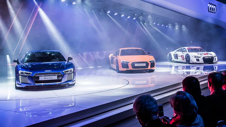 from left The new Audi R8 e-tron, the new Audi R8 V10 plus, the new Audi R8 LMS on the Geneva Motorshow 2015