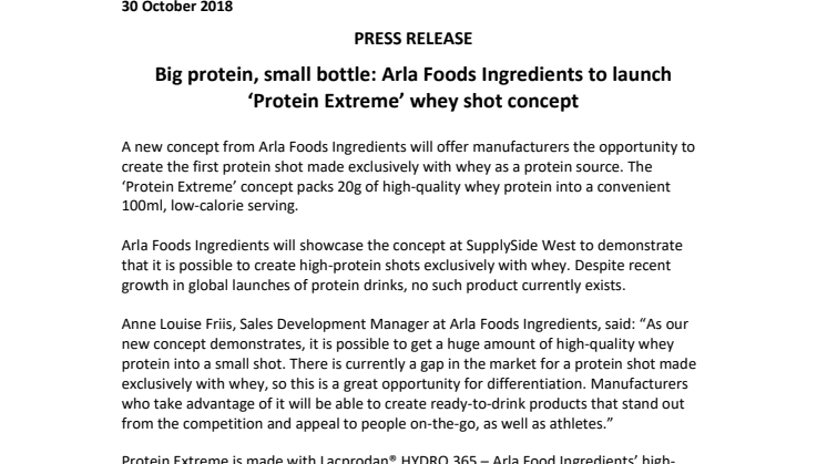 PRESS RELEASE: Big protein, small bottle: Arla Foods Ingredients to launch ‘Protein Extreme’ whey shot concept