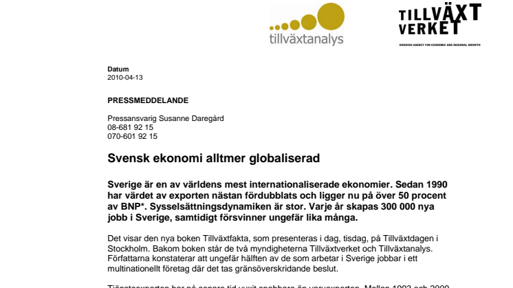 Svensk ekonomi alltmer globaliserad