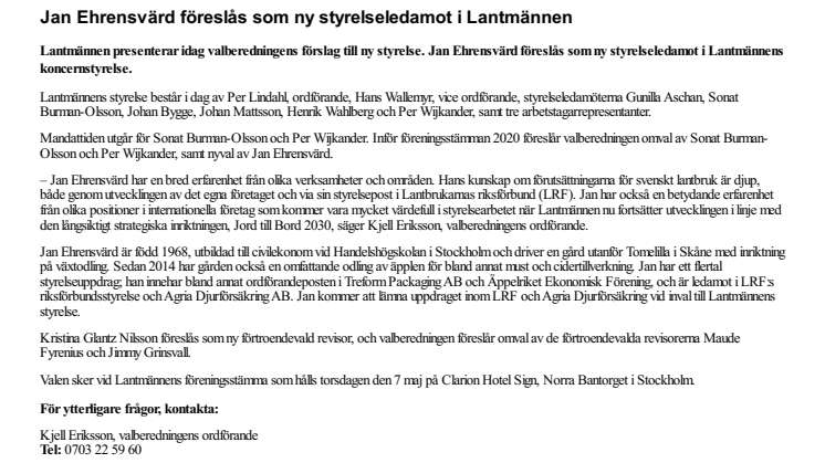 Jan Ehrensvärd föreslås som ny styrelseledamot i Lantmännen