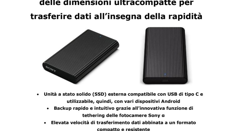 ​Sony annuncia una nuova serie SSD delle dimensioni ultracompatte per trasferire dati all’insegna della rapidità 