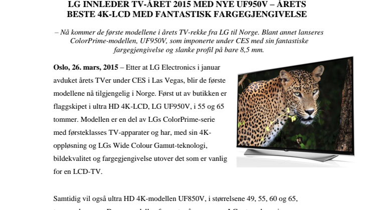 LG INNLEDER TV-ÅRET 2015 MED NYE UF950V – ÅRETS BESTE 4K-LCD MED FANTASTISK FARGEGJENGIVELSE