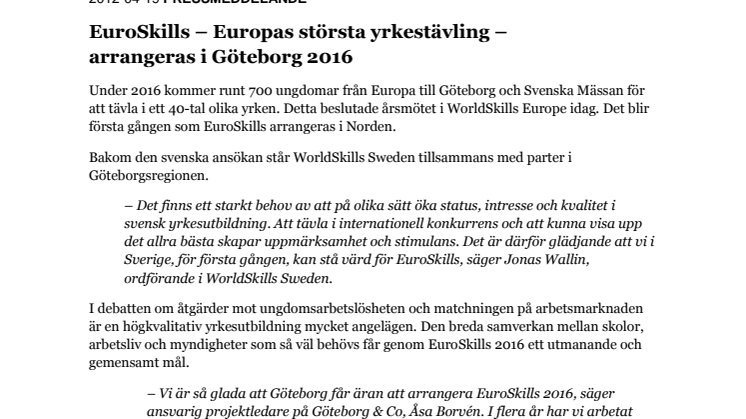 EuroSkills – Europas största yrkestävling – arrangeras i Göteborg 2016