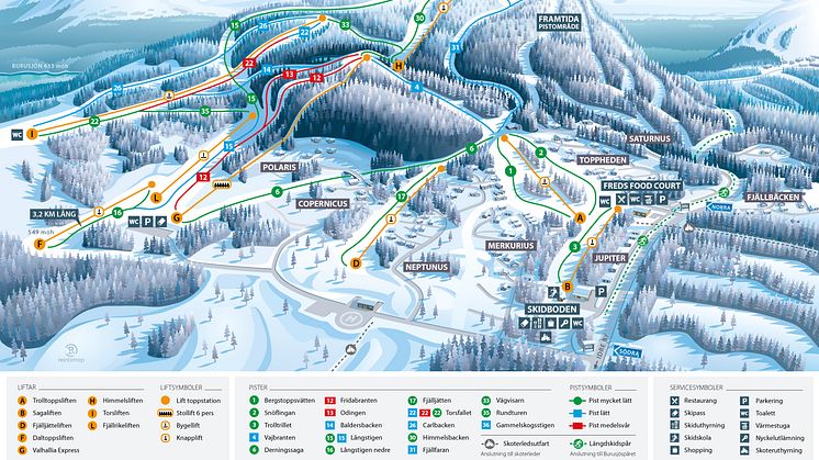 Pistkarta över nyinvigda Idre Himmelfjäll i norra Dalarna.