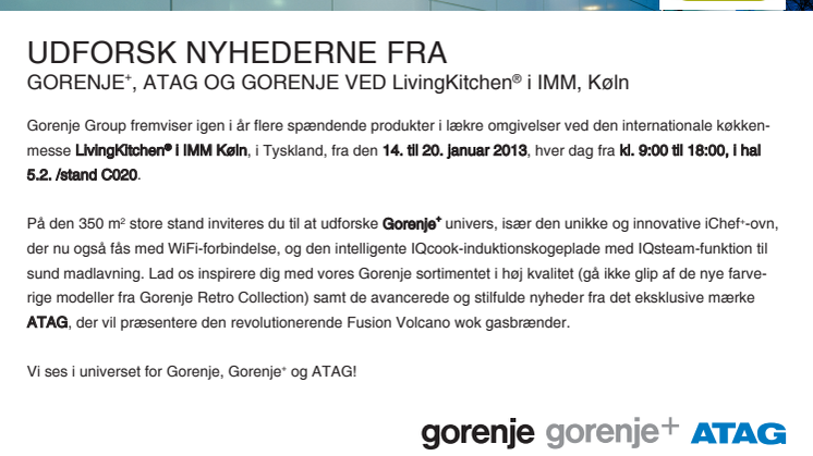 Udforsk nyhederne fra Gorenje+, ATAG og Gorenje ved LivingKitchen® i IMM i Køln