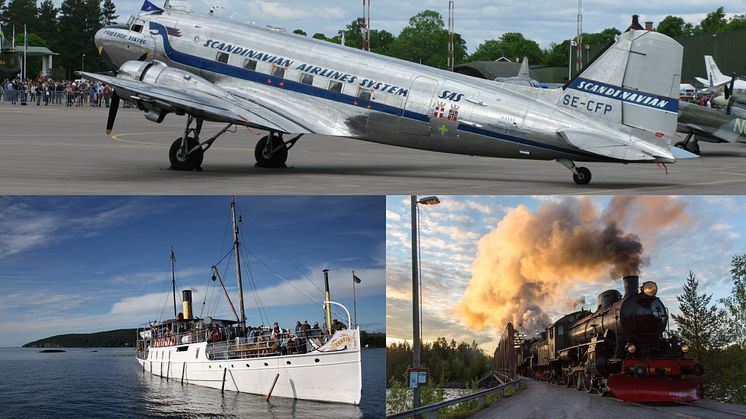 DC3:an Daisy, ångfartyget Trafik och ånglok från Järvägsmuseet i Gävle. Foto: Anders Svensson, Bo Oxenstjärna & Järnvägsmuseet.