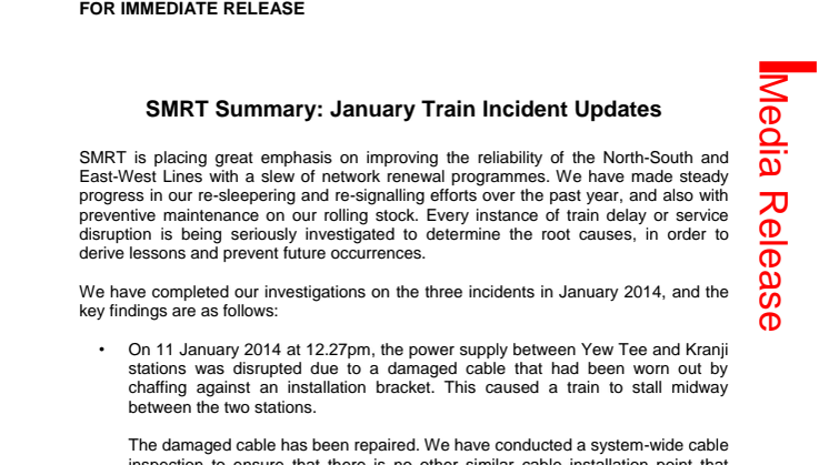SMRT Summary: January Train Incident Updates
