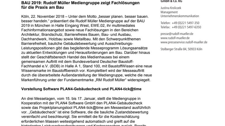 BAU 2019: Rudolf Müller Mediengruppe zeigt Fachlösungen  für die Praxis am Bau