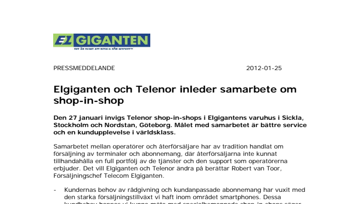 Elgiganten och Telenor inleder samarbete om shop-in-shop