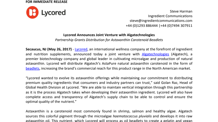 Press release – Lycored Announces Joint Venture with Algatechnologies