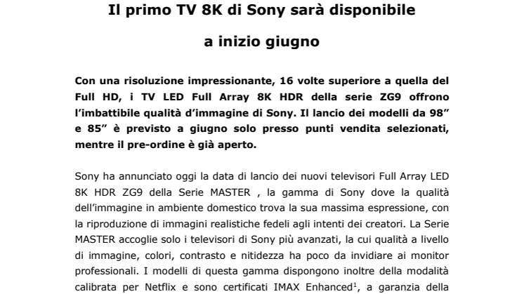 Il primo TV 8K di Sony sarà disponibile  a inizio giugno