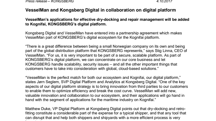 Kongsberg Digital: VesselMan and Kongsberg Digital in collaboration on digital platform