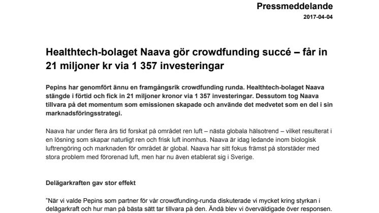 Healthtech-bolaget Naava gör crowdfunding succé – får in 21 miljoner kr via 1 357 investeringar