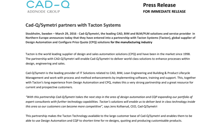 Cad-Q/Symetri partners with Tacton Systems 