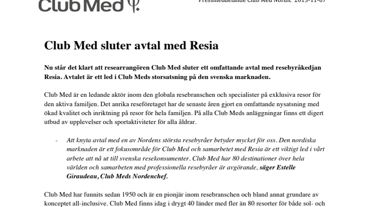 Club Med sluter avtal med Resia