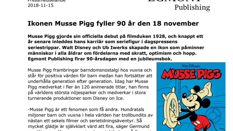 Ikonen Musse Pigg fyller 90 år den 18 november