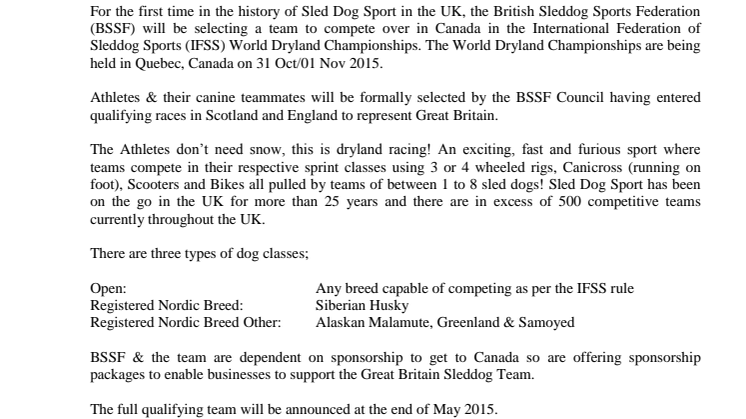 British Sleddog Dryland Racing Team competing for the first time in the IFSS World Dryland Championships in Canada Oct 2015