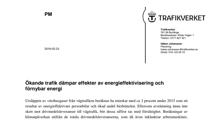 Vägtrafikens utsläpp, PM av Trafikverket, 160223 (1,1 mB, pdf-fil)