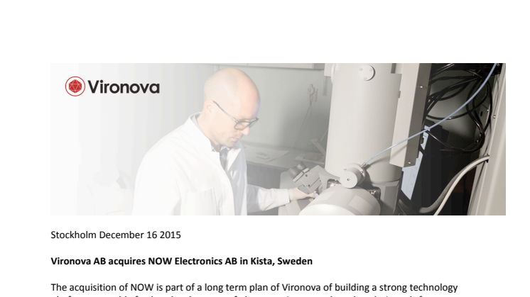 Vironova AB acquires NOW Electronics AB in Kista, Sweden