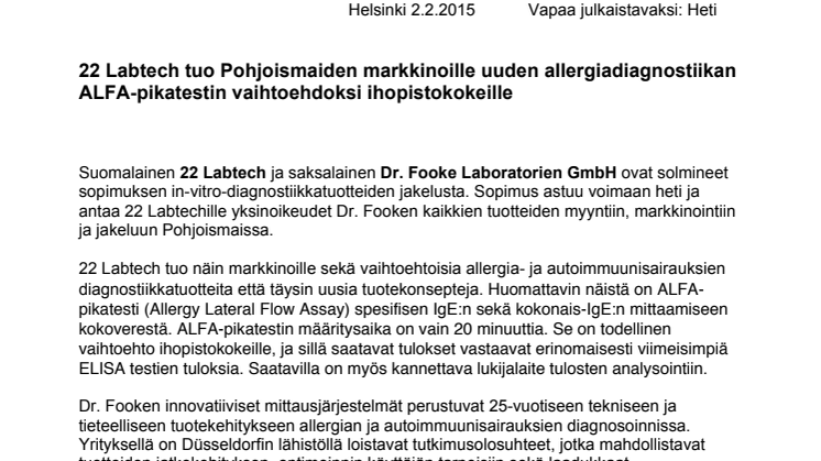 22 Labtech tuo Pohjoismaiden markkinoille uuden allergiadiagnostiikan ALFA-pikatestin vaihtoehdoksi ihopistokokeille
