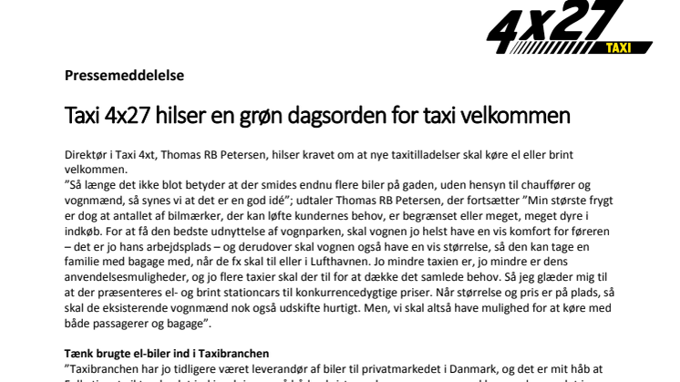 Taxi 4x27 hilser en grøn dagsorden for taxi velkommen