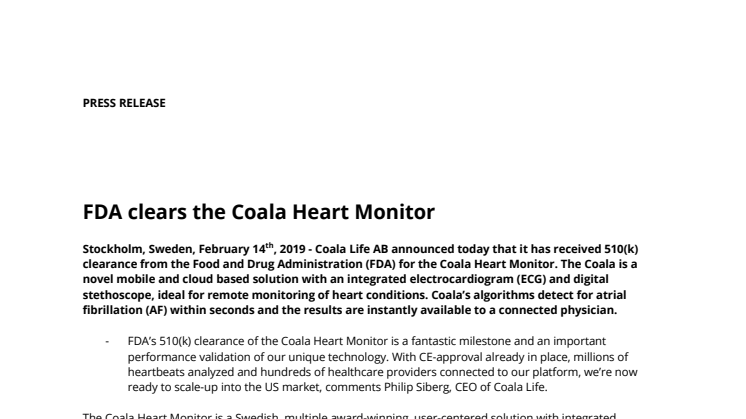 FDA clears the Coala Heart Monitor