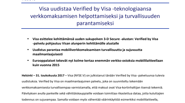Visa uudistaa Verified by Visa -teknologiaansa verkkomaksamisen helpottamiseksi ja turvallisuuden parantamiseksi
