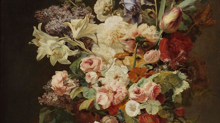 Antoine Berjon, Stilleben med blomsteruppsättning och fruktkorg, ca 1800. Foto: Cecilia Heisser/Nationalmuseum. 