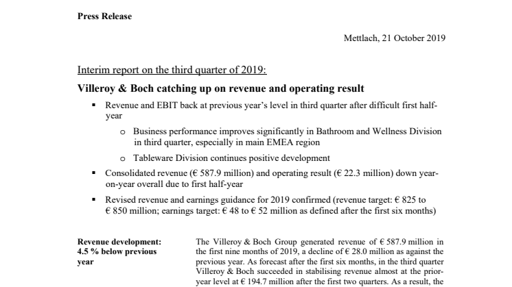 Interim report on the third quarter of 2019: Villeroy & Boch catching up on revenue and operating result