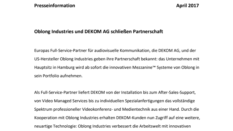 Oblong Industries und DEKOM AG schließen Partnerschaft