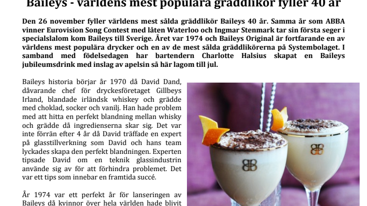 Baileys - världens mest populära gräddlikör fyller 40 år