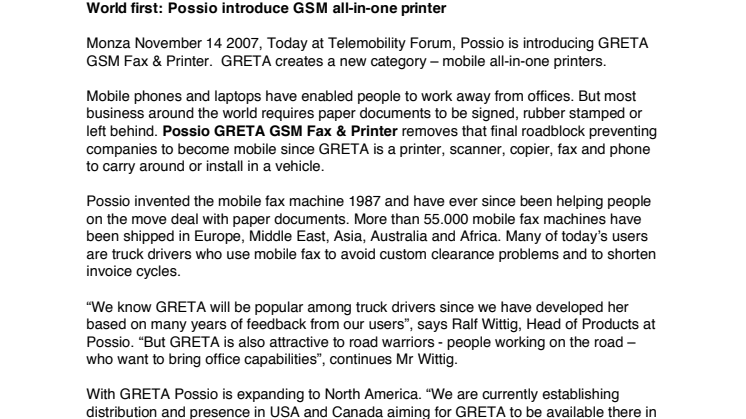 World first: Possio introduce GSM all-in-one printer