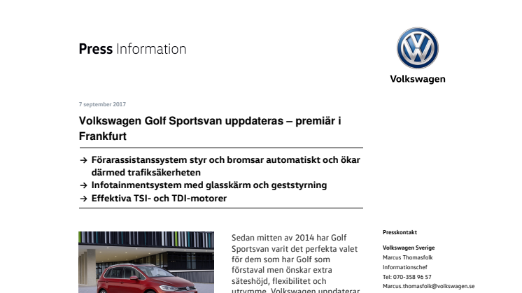 Volkswagen Golf Sportsvan uppdateras – premiär i Frankfurt