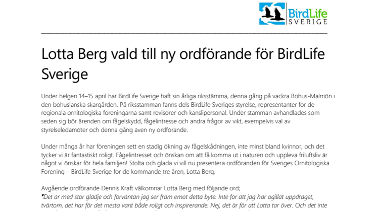 Lotta Berg vald till ny ordförande för BirdLife Sverige