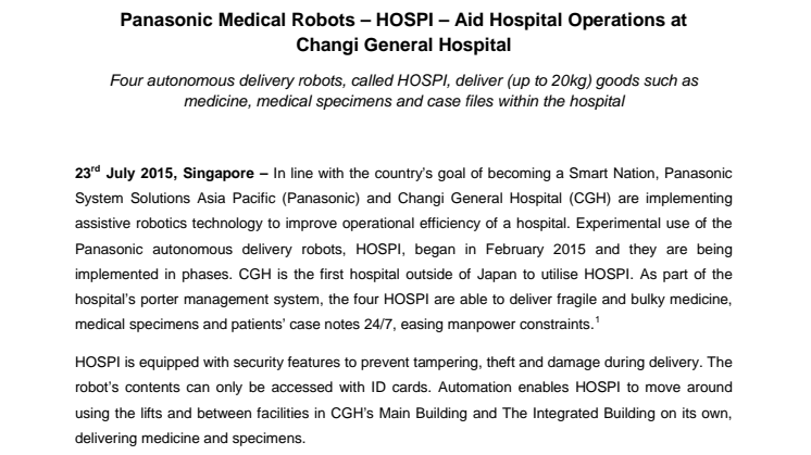 Panasonic Medical Robots – HOSPI – Aid Hospital Operations at  Changi General Hospital