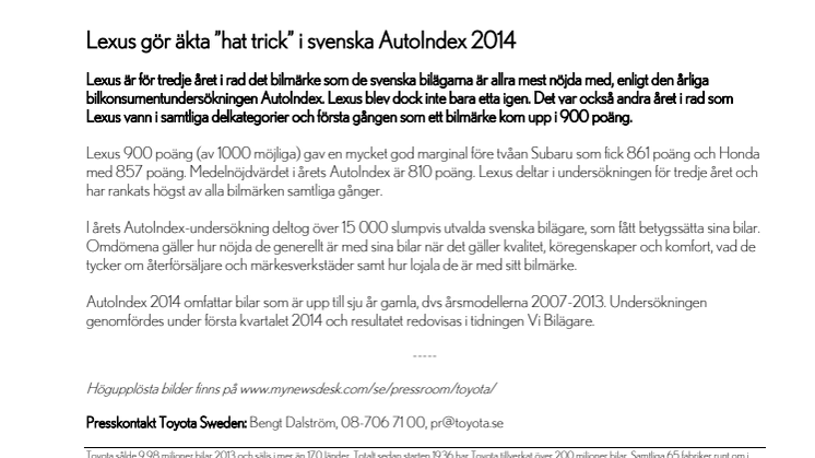 Lexus gör äkta ”hat trick” i svenska AutoIndex 2014