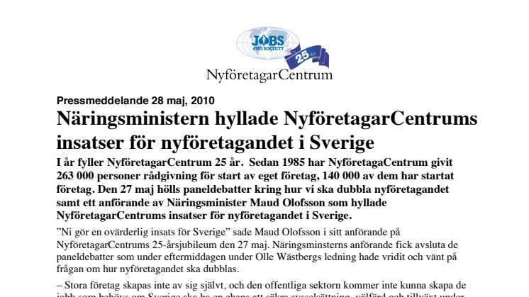 Näringsministern hyllade NyföretagarCentrums insatser för nyföretagandet i Sverige