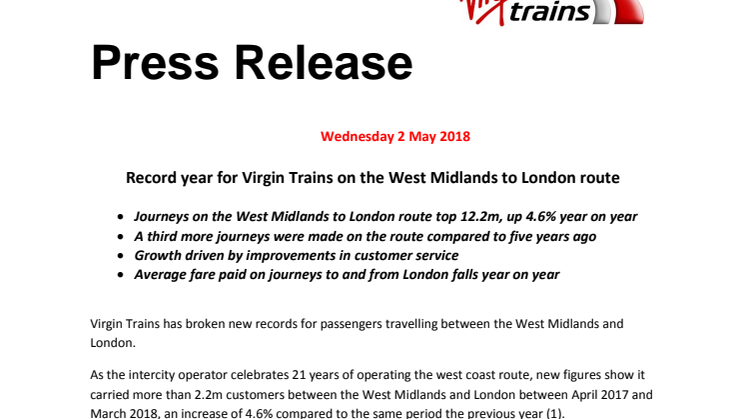 Record year for Virgin Trains on the West Midlands to London route
