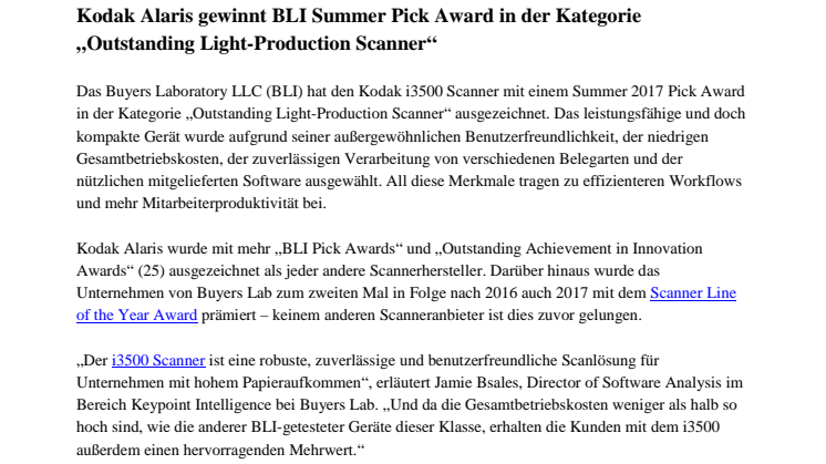 Kodak Alaris gewinnt BLI Summer Pick Award in der Kategorie „Outstanding Light-Production Scanner“