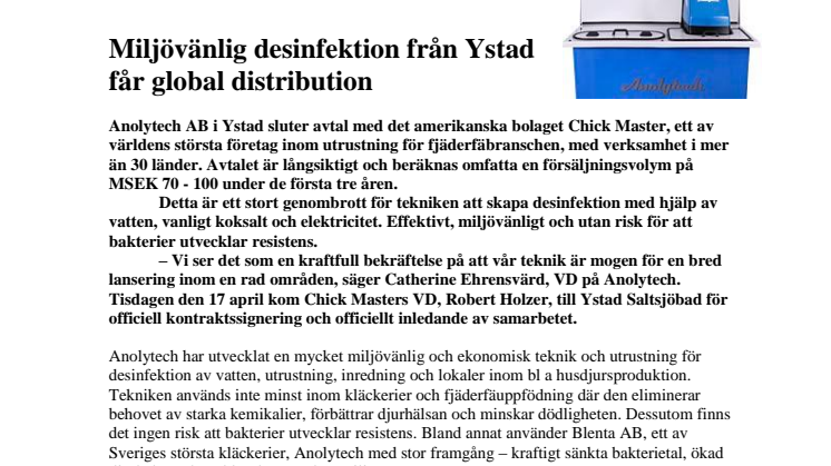 Anolytech: Miljövänlig desinfektion från Ystad får global distribution
