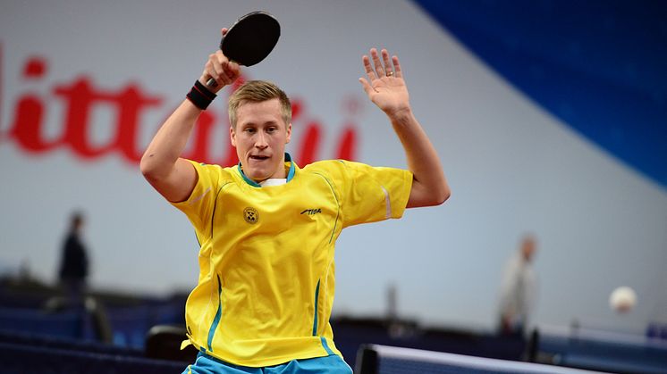 Mattias Karlsson in action på lag-VM i bordtennis i Halmstad 2018. Foto: Manfred Shillings