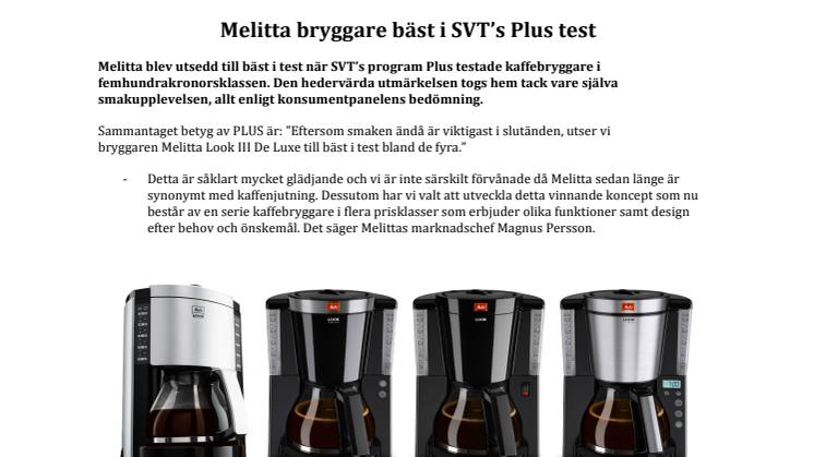 Melitta bryggare bäst i SVT’s Plus test