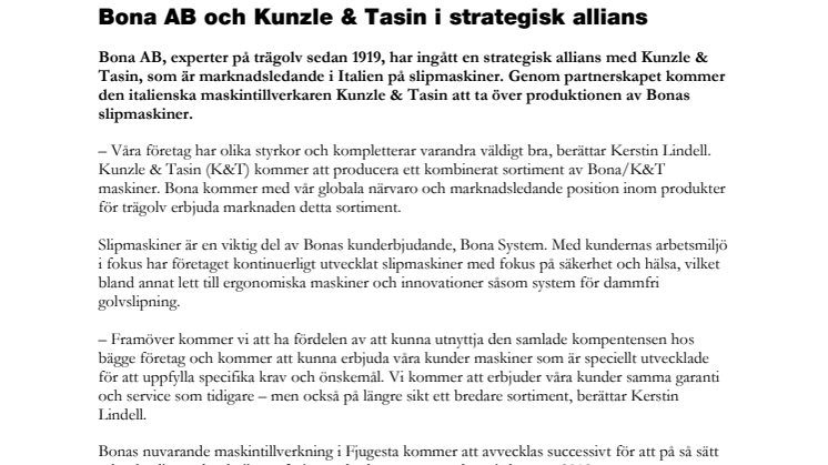 Bona AB och Kunzle & Tasin i strategisk allians